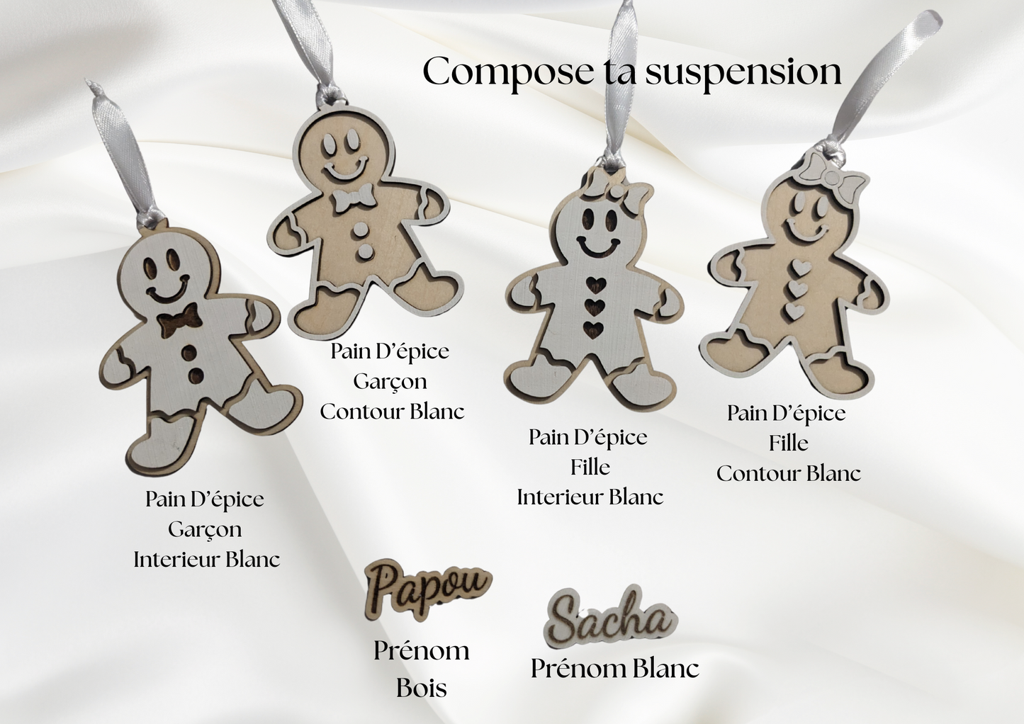 Boule de Noel personnaisée - Suspension Sapin - Pain d'épice blanc et bois - Compose ton personnage