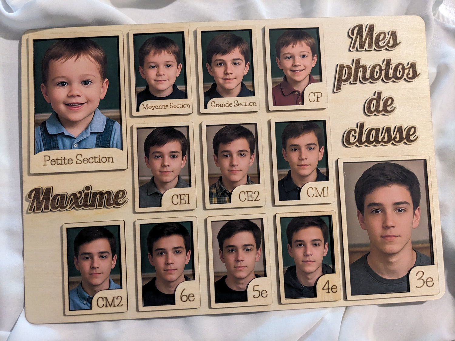 Pancarte en bois personnalisée pour photos de classe, de la petite section à la 3e, Boutique Mimibiou